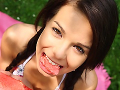 19yo Sweet Teen Kiki Eating Watermelon And Touching Herself In The Garden
